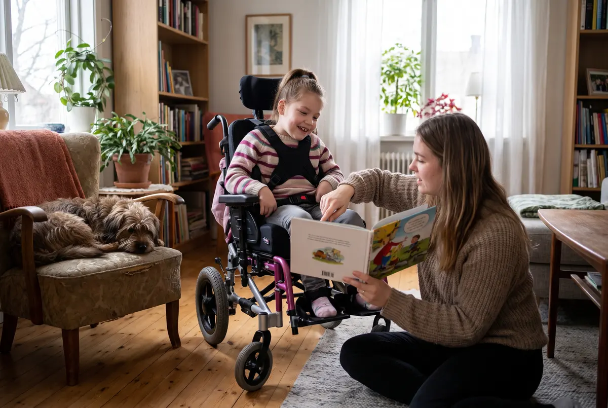 Personlig assistent läser en bilderbok för en flicka i rullstol med huvudstöd