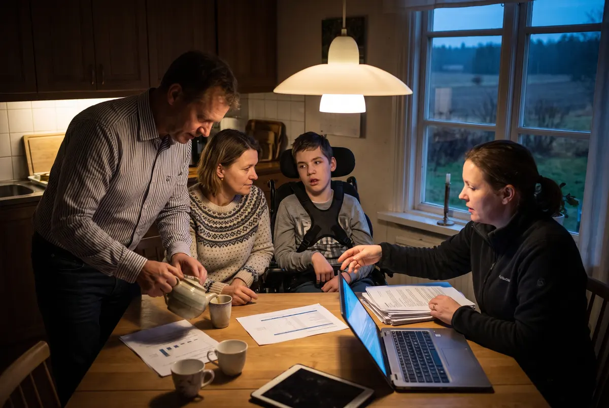 Familj och assistent planerar tillsammans vid köksbordet med papper och dator