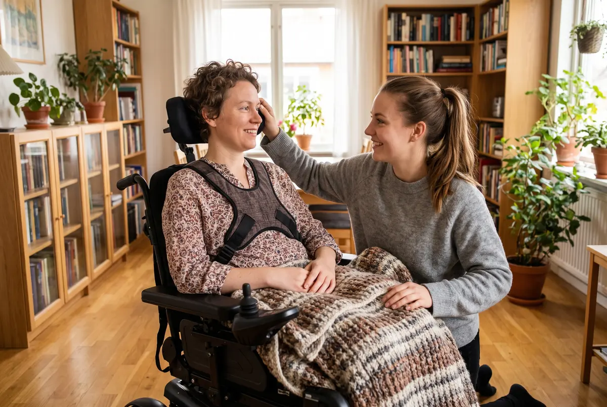 Personlig assistent sitter lugnt bredvid en kvinna i elrullstol med huvudstöd i ett vardagsrum
