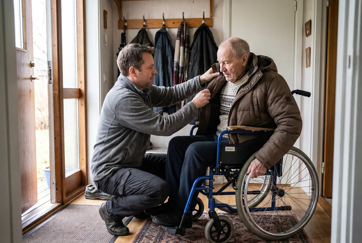 Personlig assistent hjälper en äldre man i rullstol på med jackan i hallen