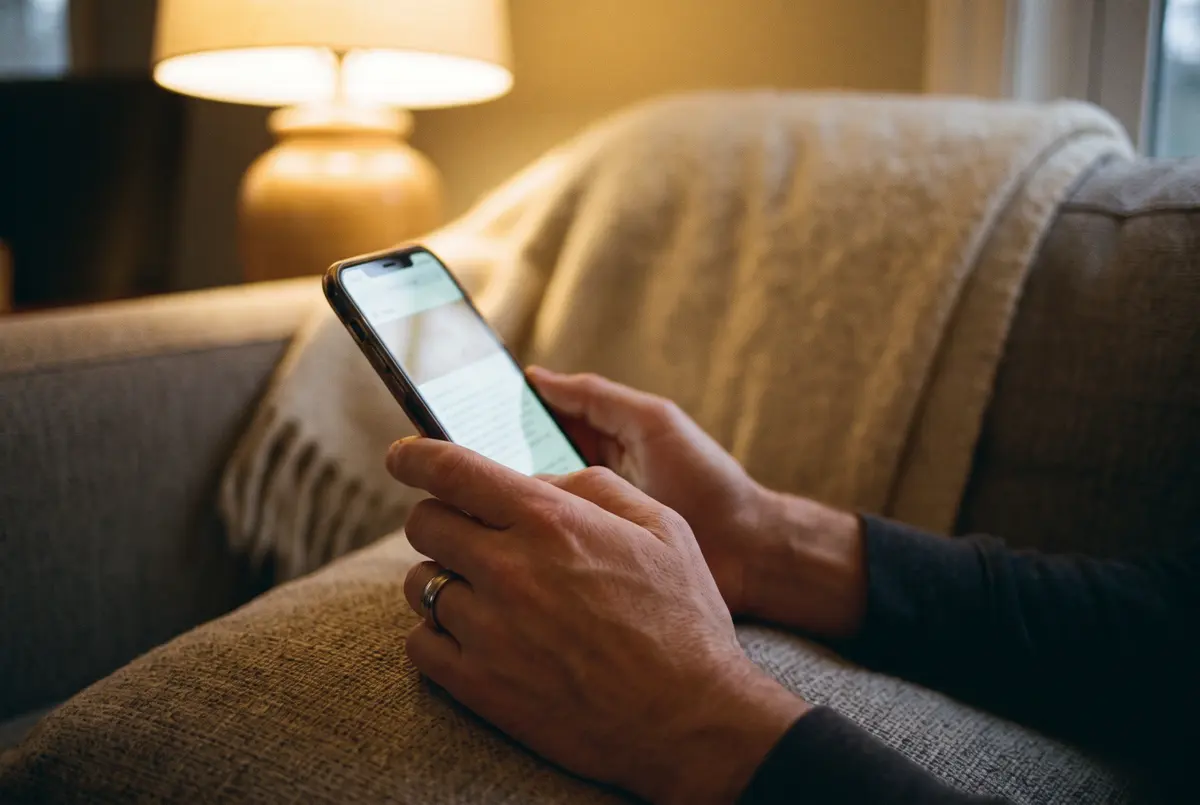 En hand håller en mobiltelefon i en soffa