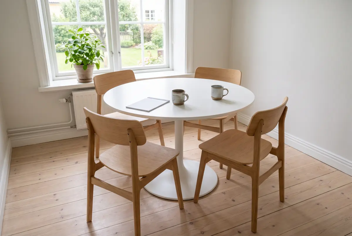 Ett ljust mötesrum med ett runt bord och stolar