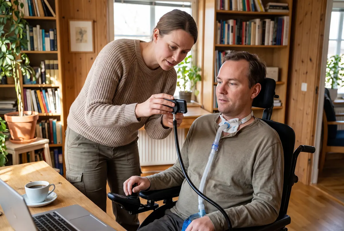 Personlig assistent justerar ögonstyrningen för en man med respirator i elrullstol