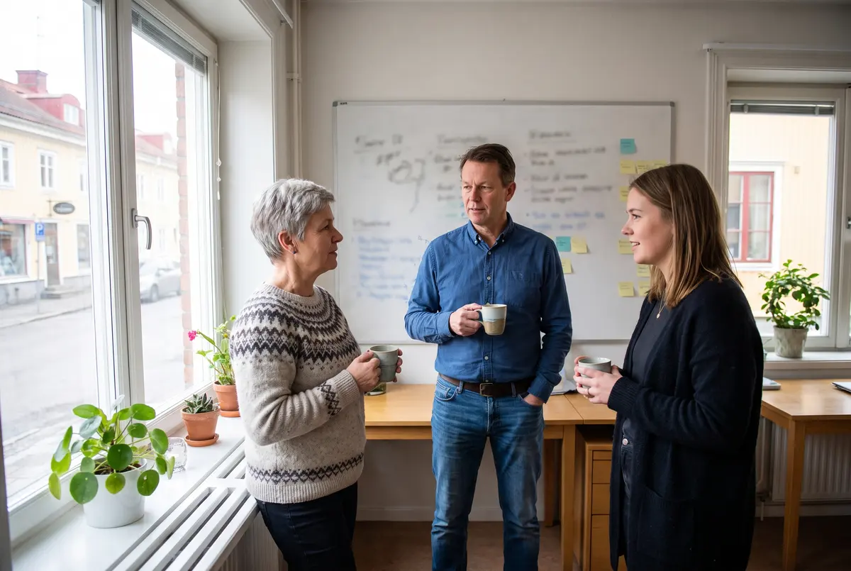 Tre kollegor står och pratar vid ett fönster på ett kontor